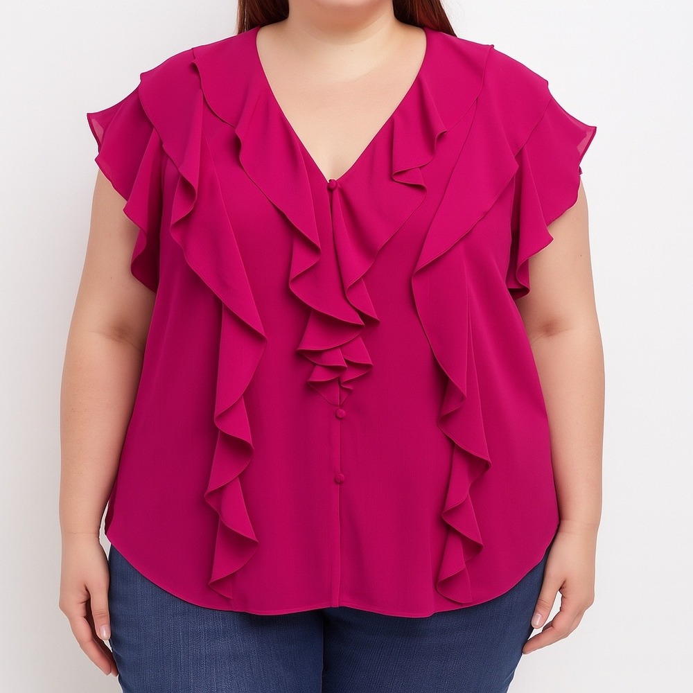 Lauren Ralph Lauren Ruffle Blouse Womens 2X‎ Pink Fuchsia Plus Size Romantic